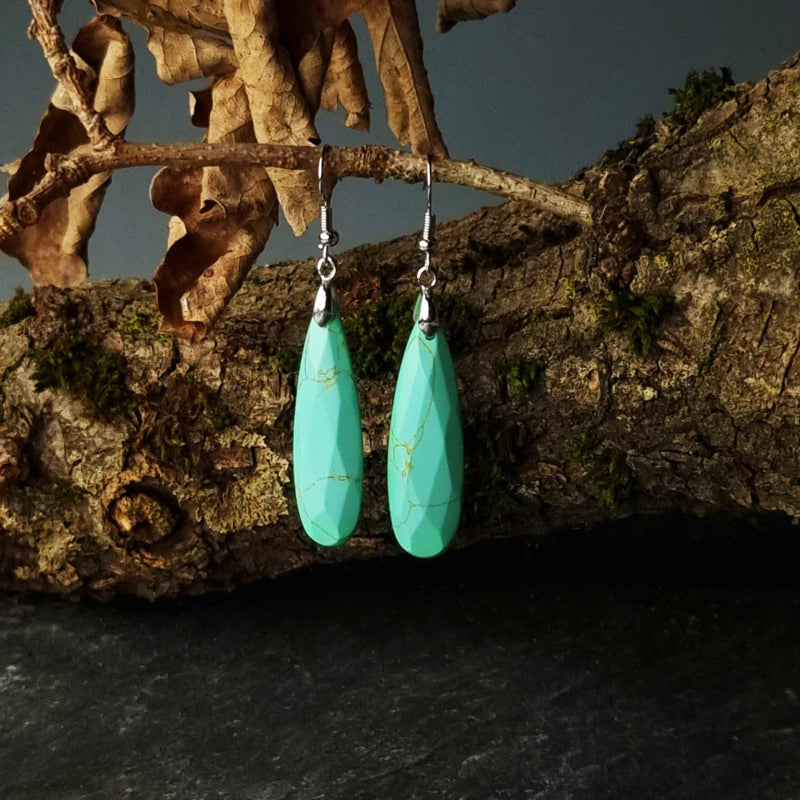 Lange groene edelstenen oorbellen met turkoois en sterling zilver (925) hangend aan tak | Big Long Drop Turquoise