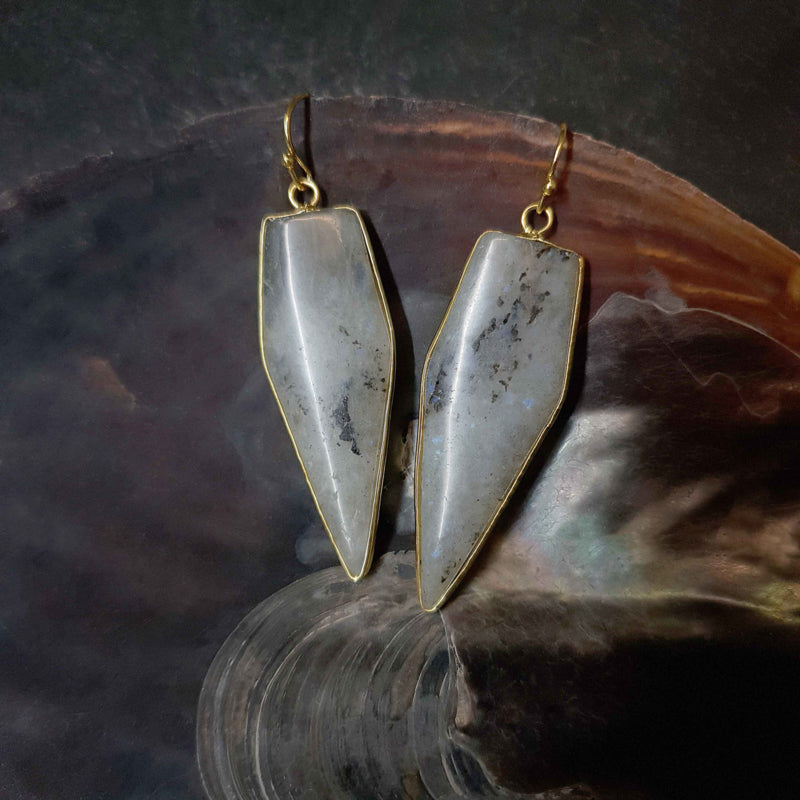 Lange edelstenen oorbellen met labradoriet en goud edelstaal hangend in schelp | Labradorite Seta