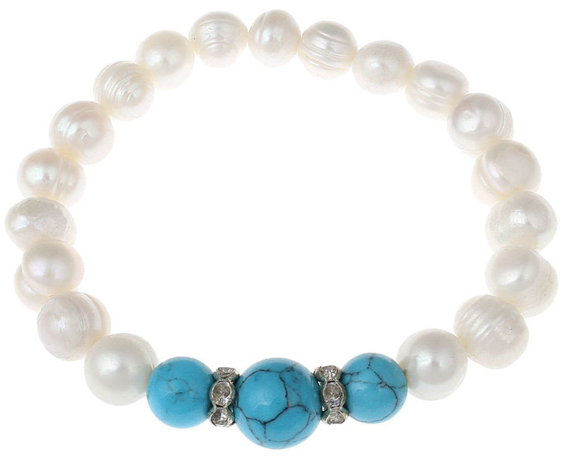 Wit zoetwater parel armband met turkooise - en stras stenen, elastisch parel armband met turkooise stenen en stras stenen | Bling Pearl 3 Turquoise Balls