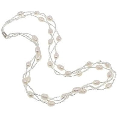 Zoetwater parelketting met witte parels in 3 rijen met magneetslot | set Twine Pearl White 2