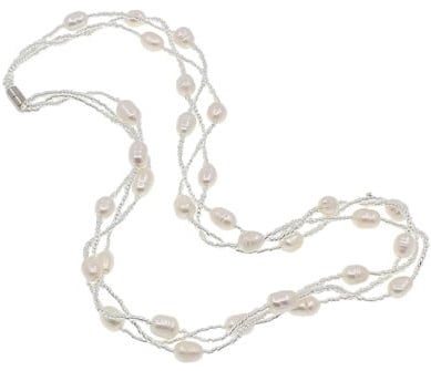 Zoetwater parelketting met witte parels in 3 rijen en magneetslotje | Twine Pearl White 2