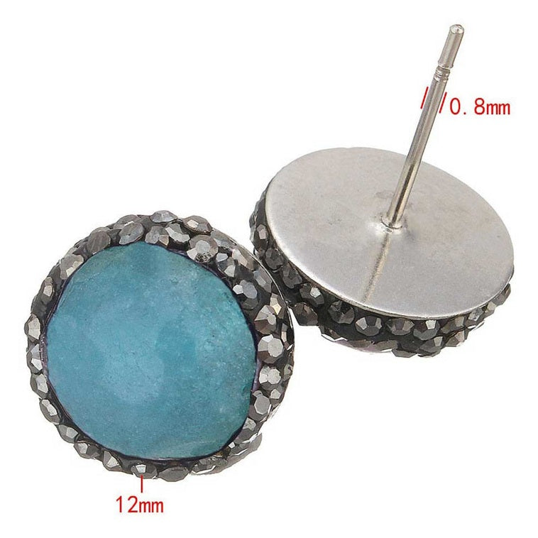 Blauwe edelstenen oorknoppen met agaat, stras steentje en zilver edelstaal met maatindicatie | Black Bright Clear Blue Agate