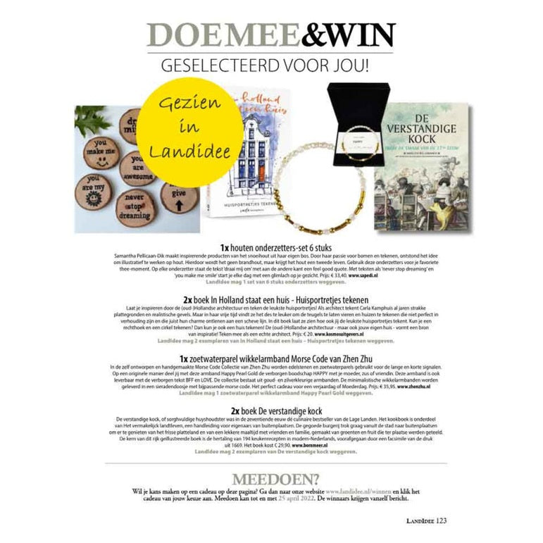 Wit zoetwater parel wikkelarmband met verbogen boodschap HAPPY in morse code in gouden edelstenen gezien in tijdschrift Landidee | Cadeau set zoetwater parel armband Morse Code Happy Pearl Gold