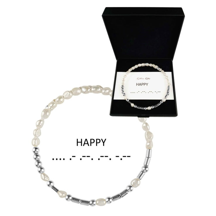 Wit zoetwater parel wikkelarmband met verbogen boodschap HAPPY in Morse code van zilveren edelstenen met geschenkverpakking | Cadeau set zoetwater parel armband Morse Code Happy Pearl Silver
