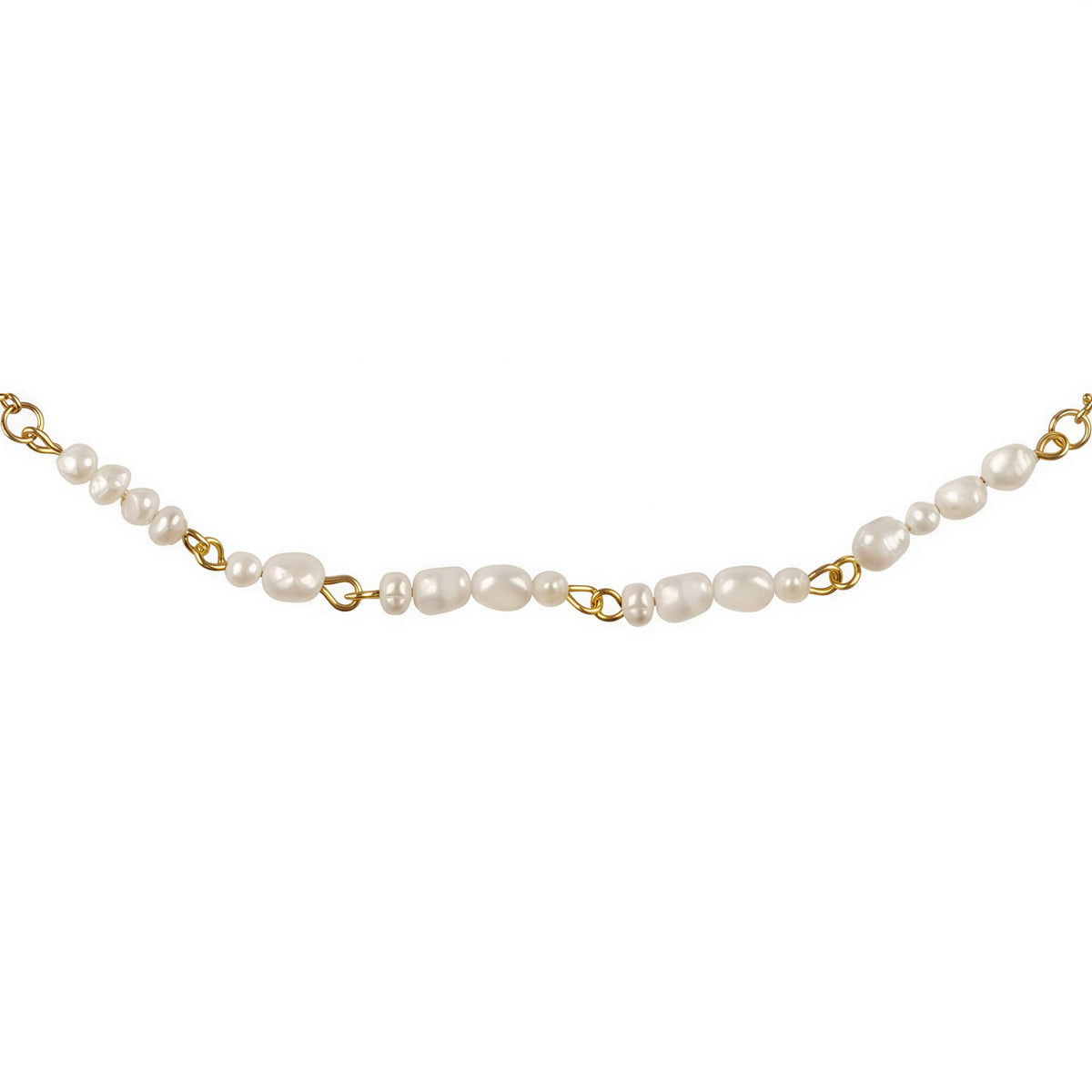 Detail van zoetwater parelketting met goud edelstaal en witte parels die het woord HAPPY in morse code weer geeft | Morse Code Happy Pearl Gold