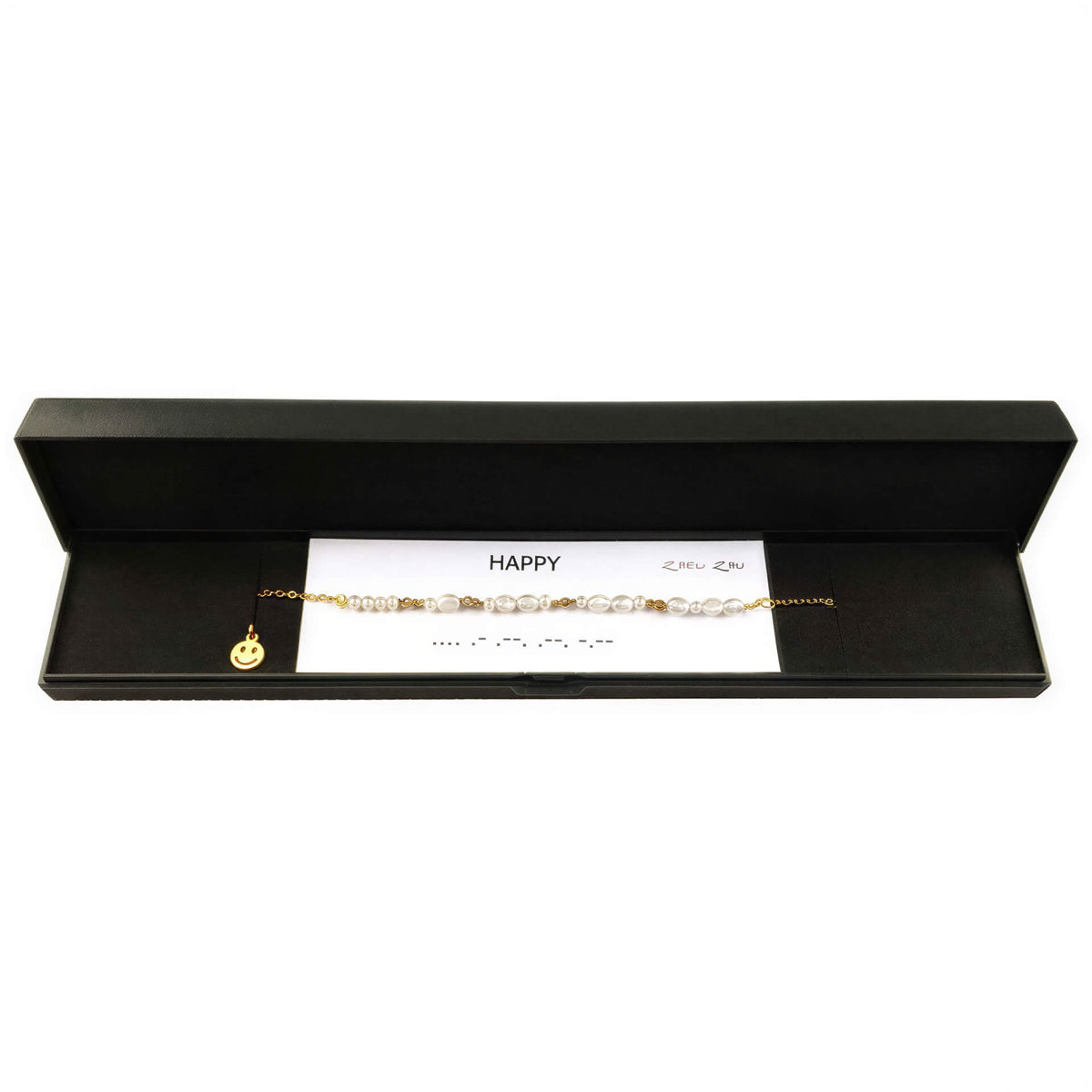 Zoetwater parelketting met goud edelstaal en witte parels die het woord HAPPY in morse code weer geeft in sieraden doosje | Morse Code Happy Pearl Gold