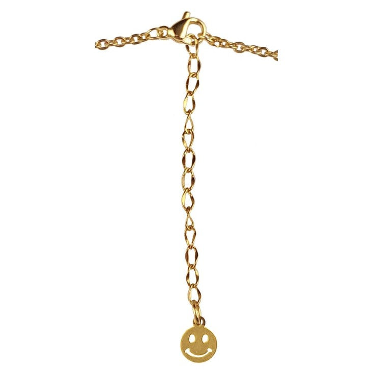 Slotje van zoetwater parelketting met goud edelstaal en witte parels die het woord HAPPY in morse code weer geeft | Morse Code Happy Pearl Gold