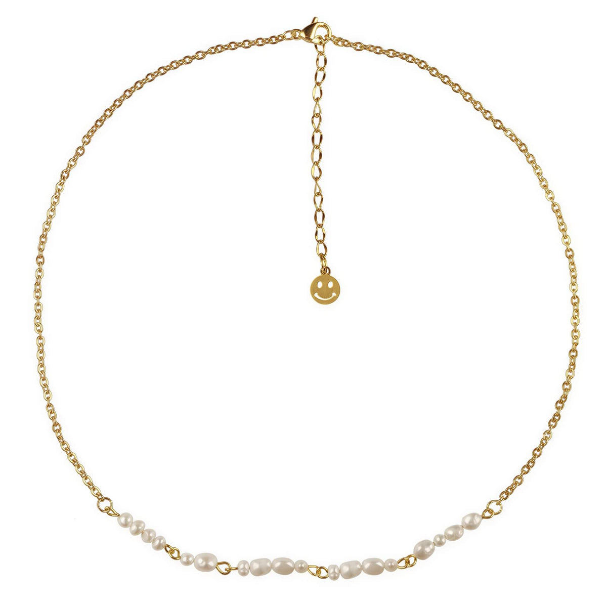 Zoetwater parelketting met goud edelstaal en witte parels die het woord HAPPY in morse code weer geeft | Morse Code Happy Pearl Gold