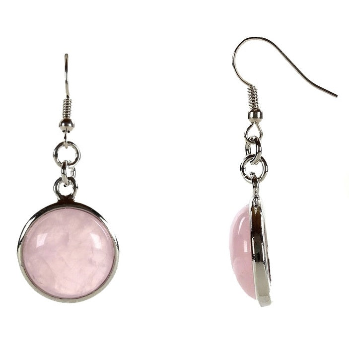 Roze edelstenen oorbellen met rozenkwarts en sterling zilveren oorbelhaakjes, voor- en zijaanzicht, rozenkwarts oorhangers | Rosé Quartz Round