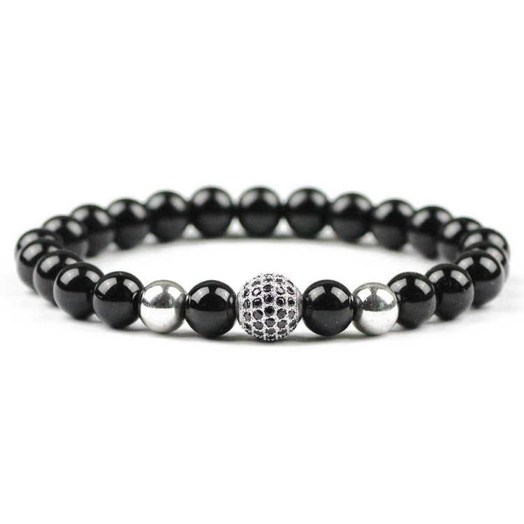 Zwart edelstenen armband met zwarte agaat en stras steentjes, elastisch | Black Diamond
