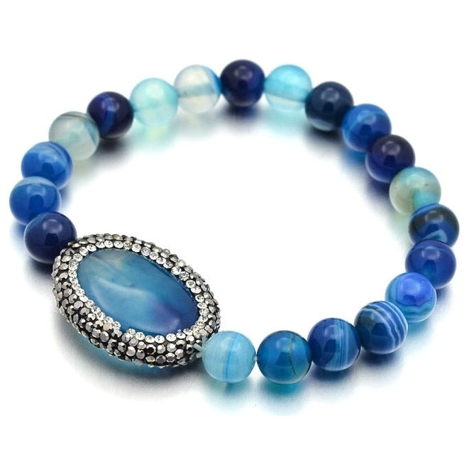 Blauw edelstenen armband met stras steentjes, elastisch | Bling Oval Blue Striped Agate