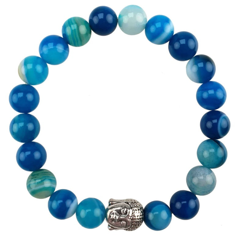 Blauwe edelstenen armband met blauwe lace agaat en zilver kleurige boeddha bovenaanzicht | Buddha Blue Lace Agate