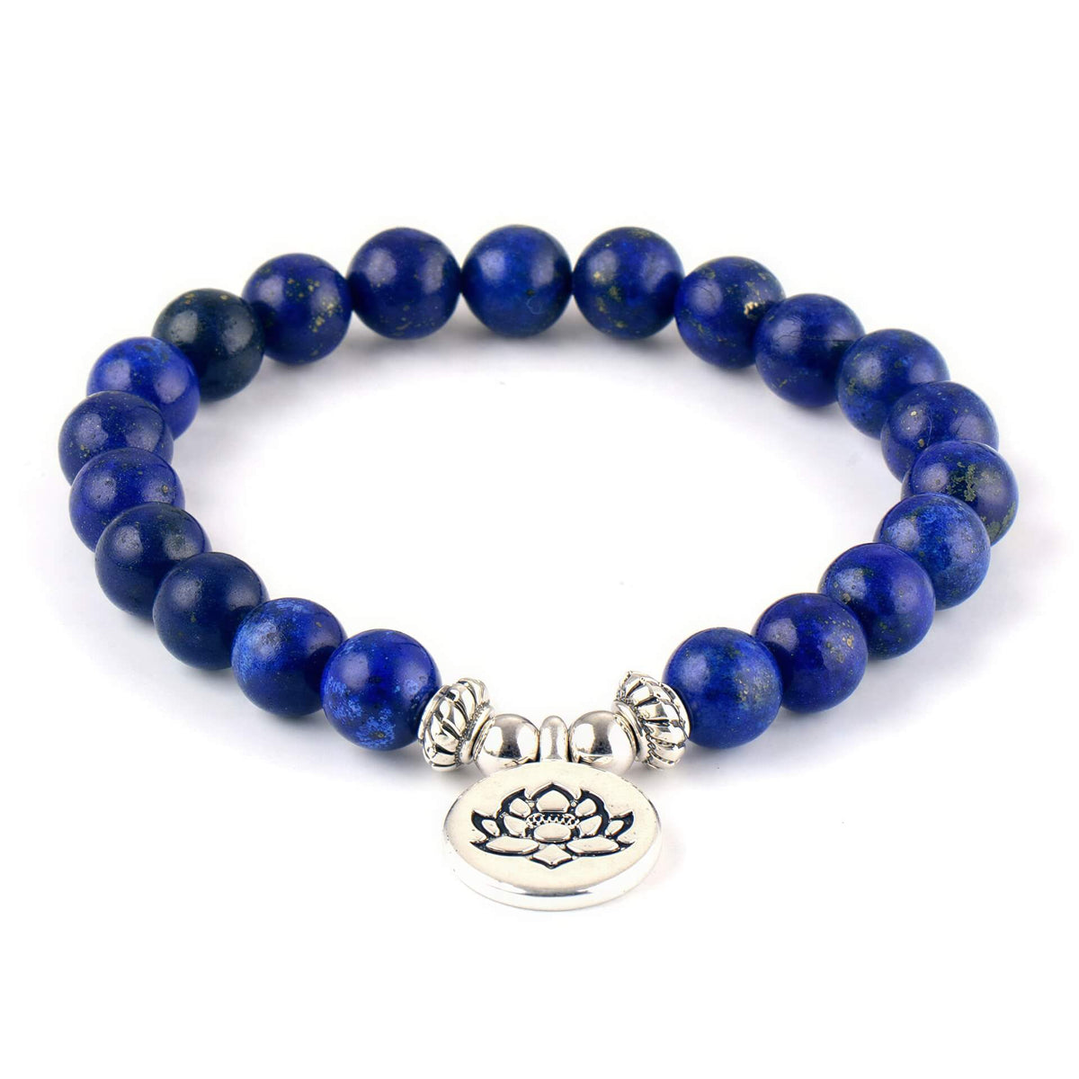 Lapis lazuli armband met zilver lotus bedeltje, elastisch blauw edelstenen armband |Lapis Lazuli Lotus
