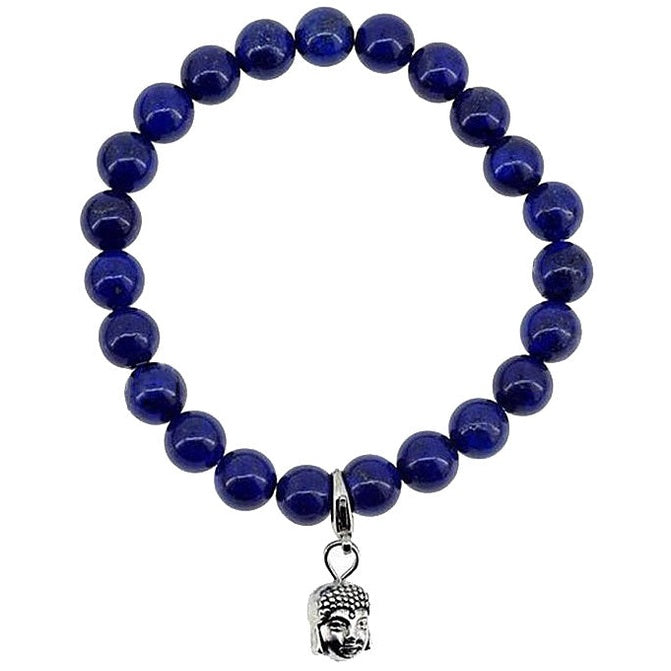 Blauw edelstenen armband met lapis lazuli en boeddha bedeltje bovenaanzicht | Lapis Lazuli Silver Dangling Buddha Head