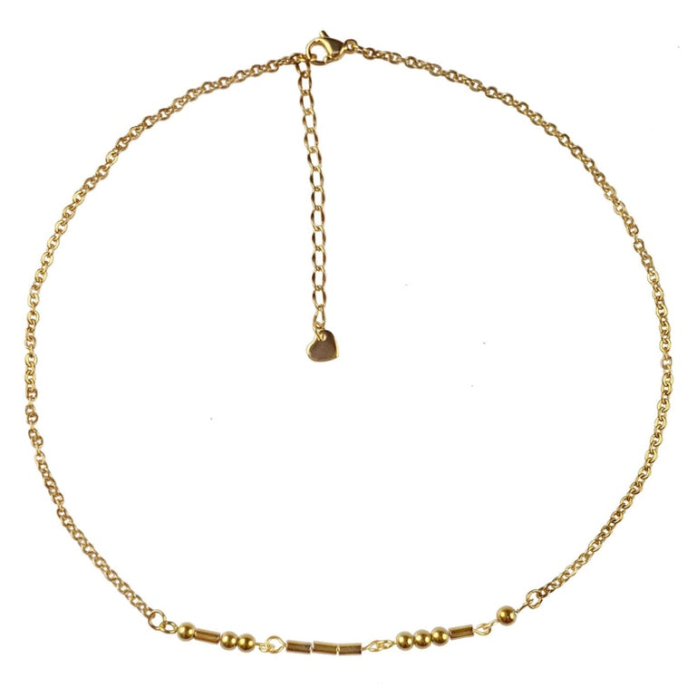 Gouden edelstenen ketting met goud edelstaal en hematiet stenen die het woord LOVE in morse code weer geeft | Morse Code Love Gold Hematite