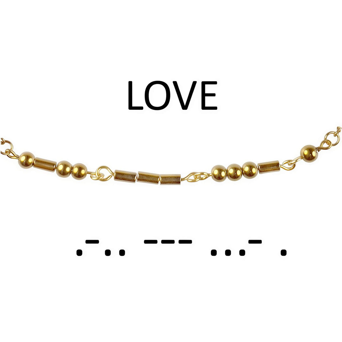 Detail van gouden edelstenen ketting met goud edelstaal en hematiet stenen die het woord LOVE in morse code weer geeft | Morse Code Love Gold Hematite