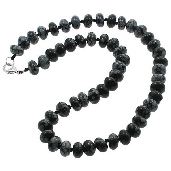 Zwart grijze handgeknoopte edelstenen ketting met obsidiaan sneeuwvlok en sterling zilver (925) | Snowflake Obsidiaan Rondelle
