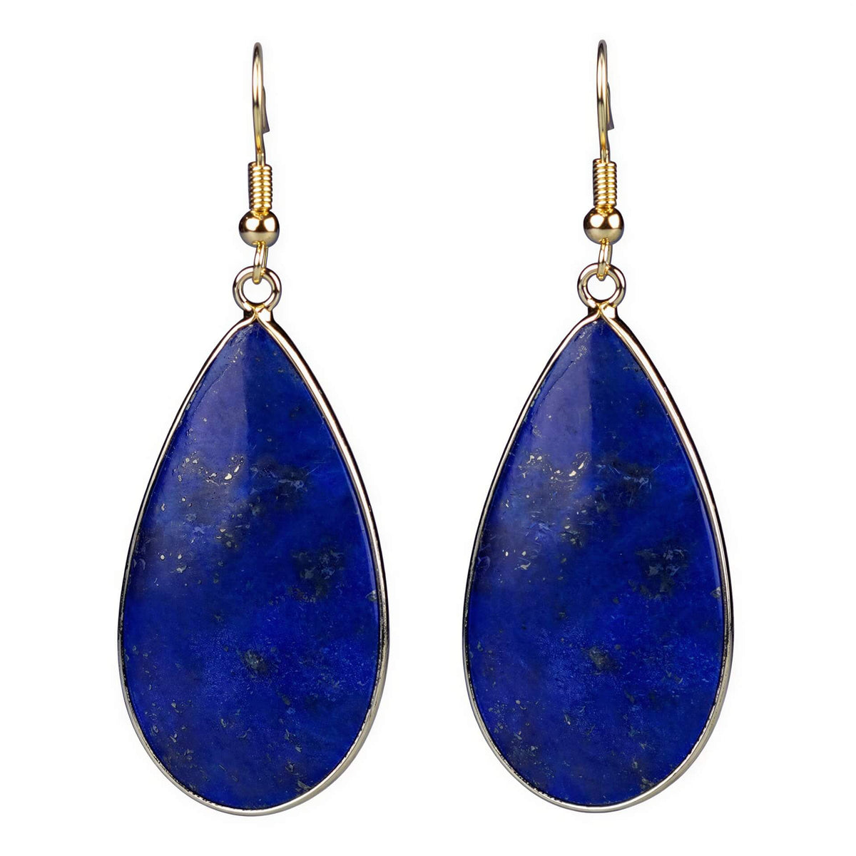 Blauwe edelstenen oorbellen met lapis lazuli en goud edelstaal vooraanzicht | Big Teardrop Lapis Lazuli Gold