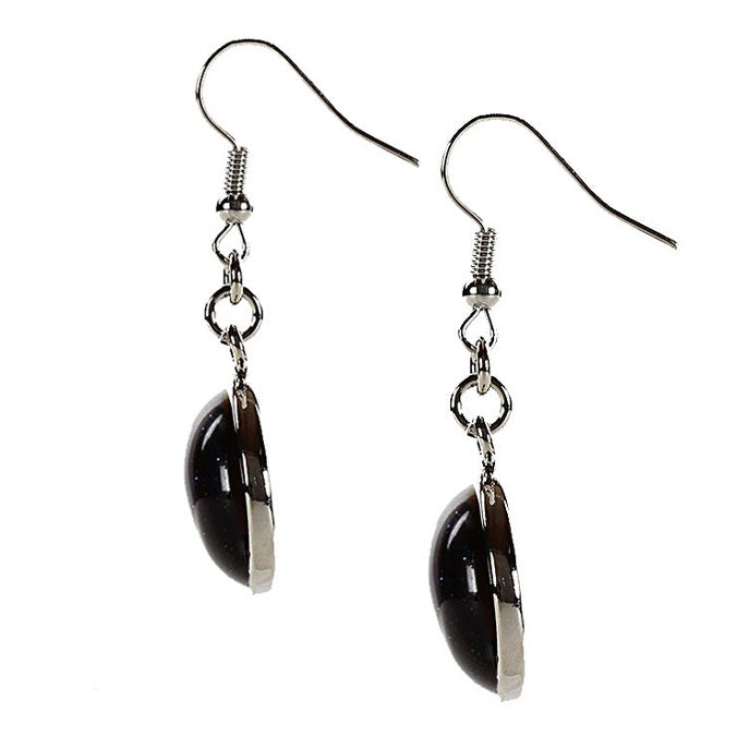 Blauw zwarte edelstenen oorbellen met goudsteen en sterling zilver (925) zijaanzicht | Blue Goldstone Round