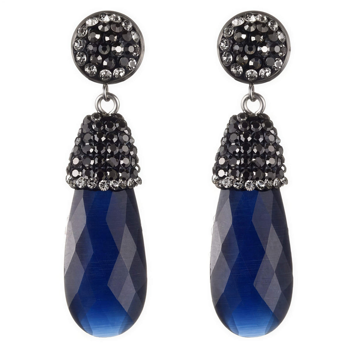 Lange blauwe edelstenen oorbellen met kattenoog en stras steentjes, edelstenen oorknoppen | Bright Long Blue Cat&
