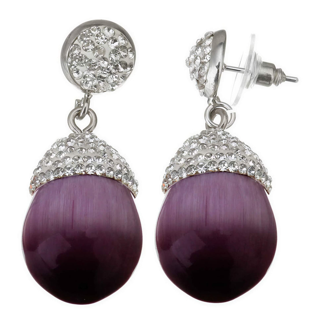 Paarse edelstenen oorbellen met kattenoog en zilveren stras steentjes voor en zijaanzicht | Bright Silver Purple Cat’s Eye