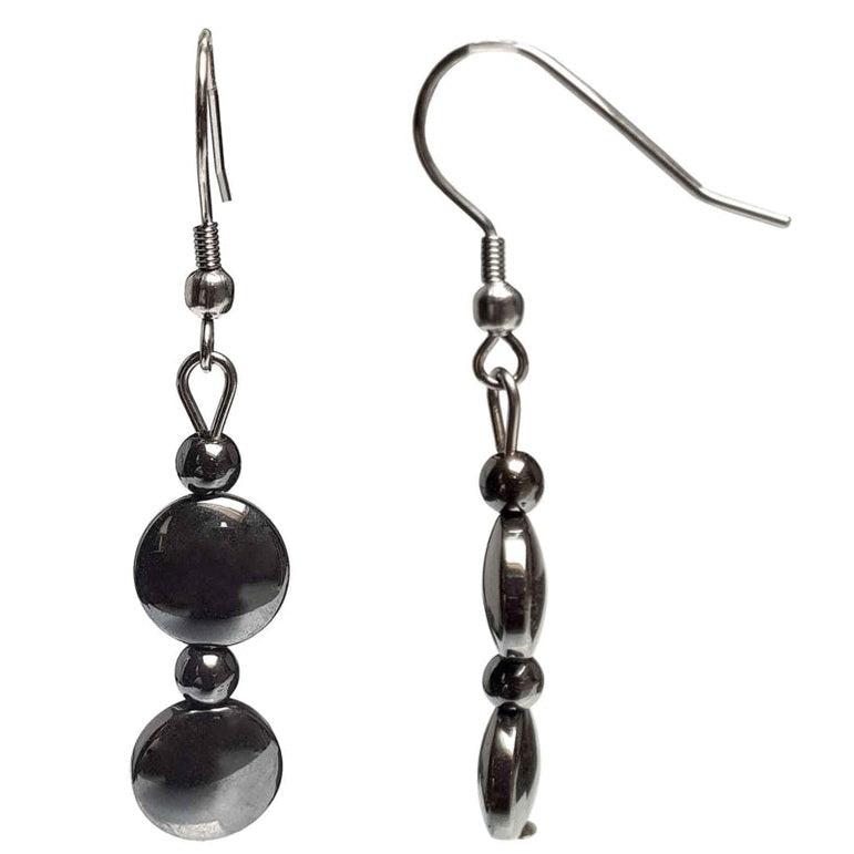 Zwarte edelstenen oorbellen met hematiet met voor en zijaanzicht | set Hematite Coin (AO)