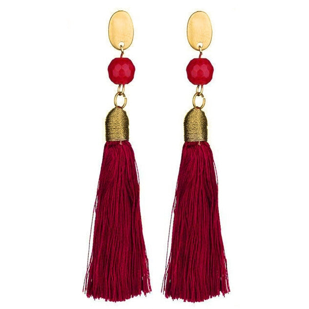 Lange edelstenen oorbellen met rode agaat en rood kwastje | Red Agate Red Tassel