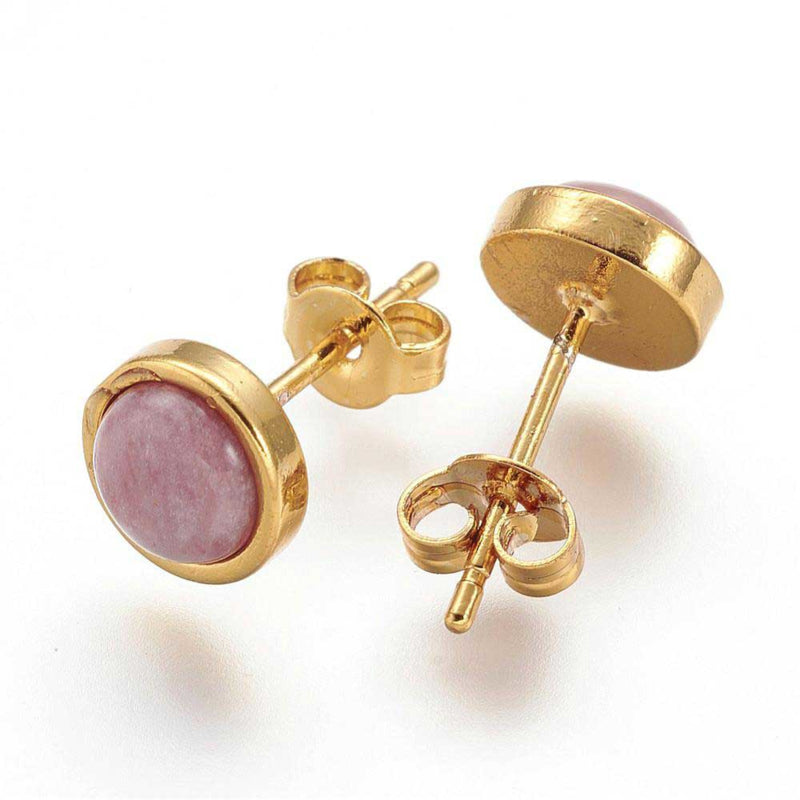 Edelstenen oorknopjes met roze rhodoniet en goud voor en achterzijde | Rhodonite Small Gold
