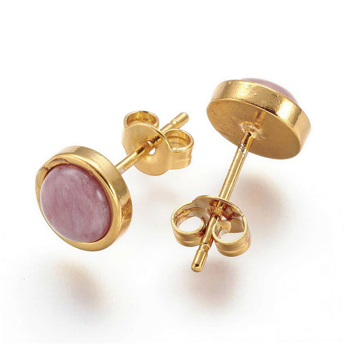 Edelstenen oorknopjes met roze rhodoniet en goud voor en achterzijde | Rhodonite Small Gold