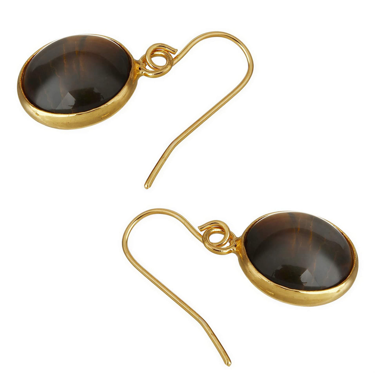 Bruine edelstenen oorbellen met tijgeroog en goud edelstaal, liggend | Tiger Eye Gold Round