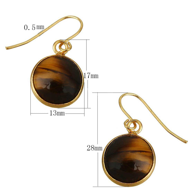Bruine edelstenen oorbellen met tijgeroog en goud edelstaal, maatindicatie | Tiger Eye Gold Round