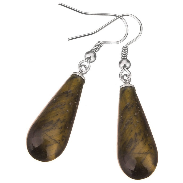 Bruine edelstenen oorbellen in druppel vorm van tijgeroog en sterling zilver (925) schuin liggend | Tiger Eye Long Drop