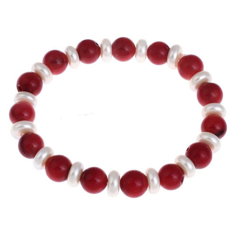Rood koralen armband met witte mother of pearl parel, elastisch | Carlijn