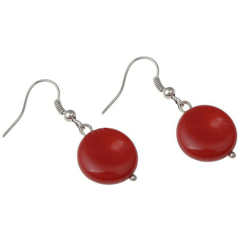 Rood koralen oorbellen met koralen schijfje en sterling zilver 925 liggend | Coral Coin