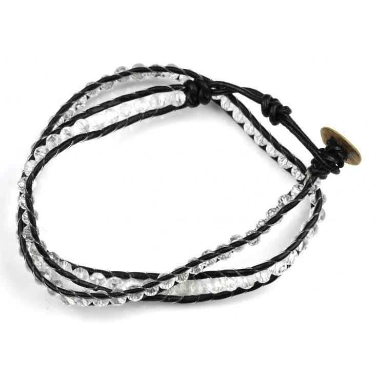 Kristallen wikkelarmband met heldere kristallen, leer en parelmoer | Crystal White