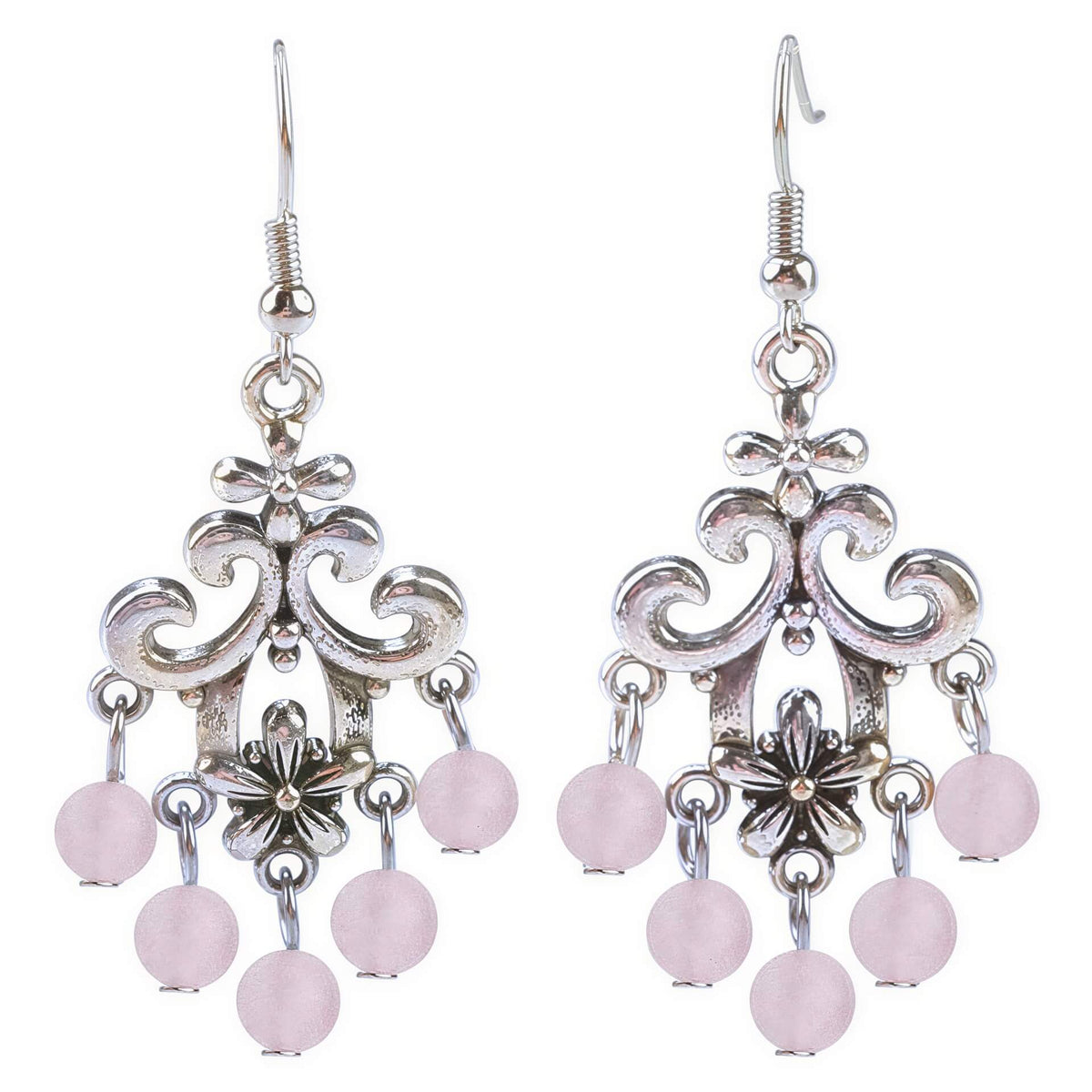 Lange licht roze edelstenen oorbellen met rozenkwarts en sterling zilver (925) | Chandelier Frozen Rosé Quartz