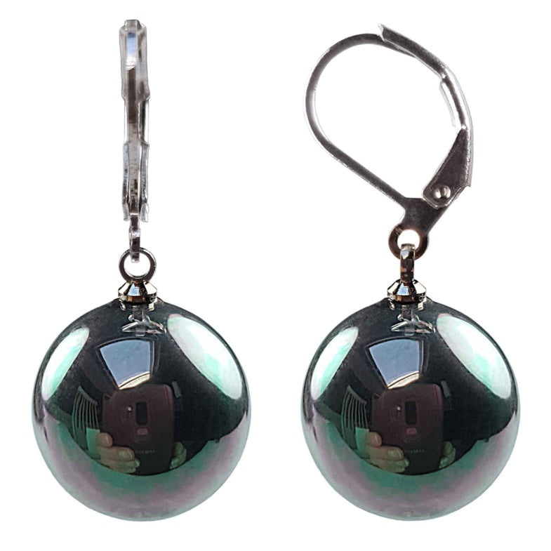 Petroleum kleurige ronden parel oorbellen met zilver edelstaal, oorbelhanger, voor- en zijaanzicht | Verme Big Ball