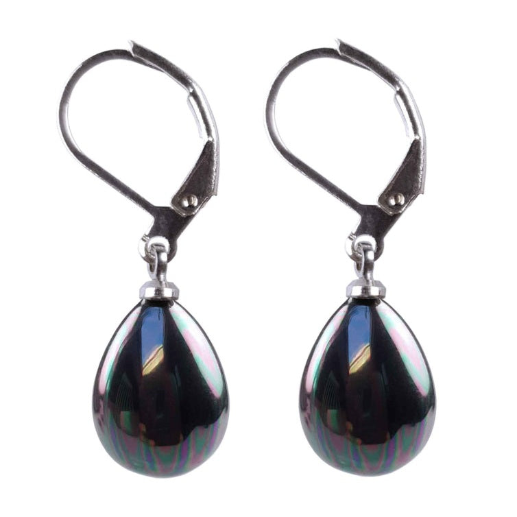 Druppel vormige parel oorbellen, petroleum kleur  met zilver edelstaal, zijaanzicht | Verme Teardrop Small