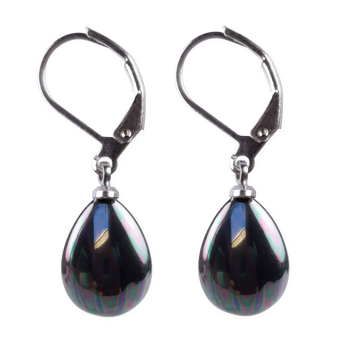 Druppel vormige parel oorbellen, petroleum kleur met zilver edelstaal, zijaanzicht | Verme Teardrop Small