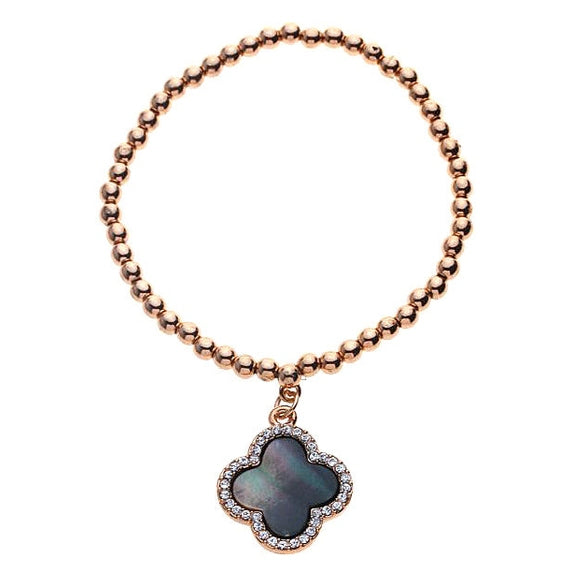 Zwart-grijs parelmoeren armband met rose goud en stras steentjes | Shell Four Leaf Clover B