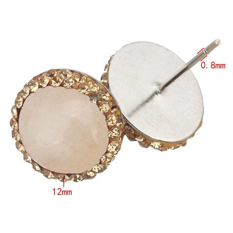 Roze edelstenen oorknopjes met agaat, gouden stras steentjes en edelstaal met maatindicatie | Golden Bright Rosé Quartz