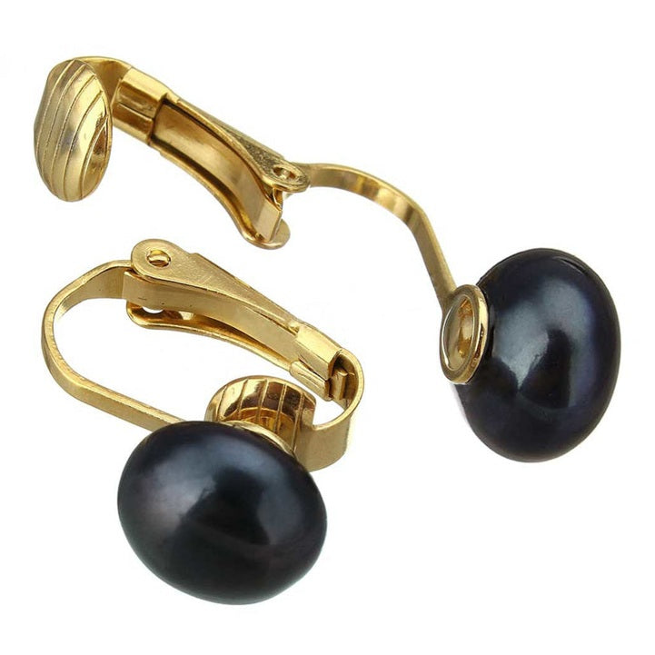 Grote zoetwater parel clips oorbellen met blauw zwarte parels en goud edelstaal, open parel clips oorbellen | Gold Black Clip Pearl 10 mm