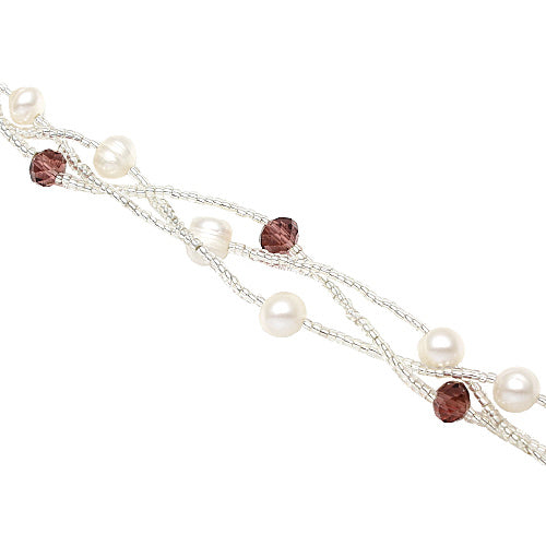 Detail van wit zoetwater parel armband met oud roze facet geslepen kristallen en magneetslotje | Twine Pearl Purple Crystal