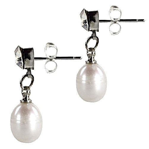 Witte zoetwater parel oorbellen met stras steentje zijaanzicht | Big Crystal Pearl White