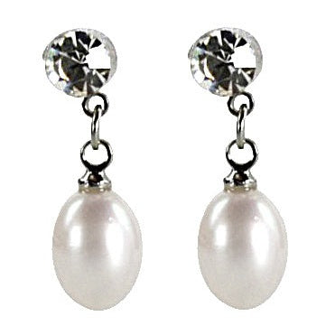 Witte zoetwater parel oorbellen met stras steentje vooraanzicht | Big Crystal Pearl White