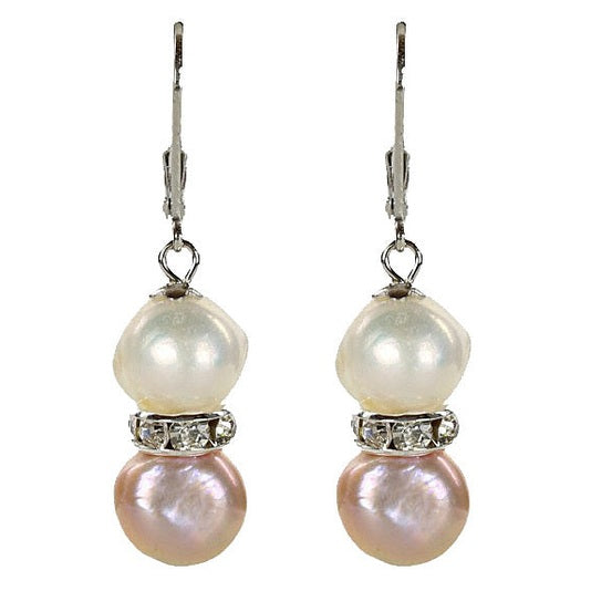 Zoetwater parel oorbellen met witte en roze parels en stras steentjes, vooraanzicht | Bling Pearl Soft Colors