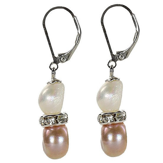 Zoetwater parel oorbellen met witte en roze parels en stras steentjes, zijaanzicht | Bling Pearl Soft Colors
