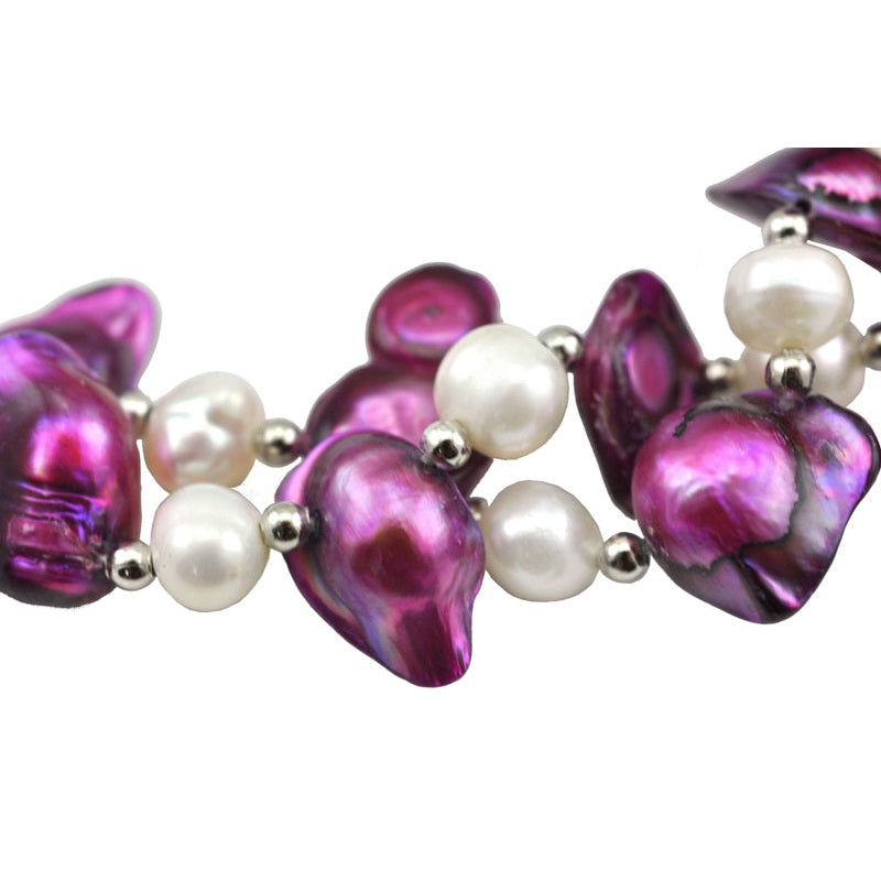 Detail van zoetwater parelketting met witte en paarse parels in 2 rijen | Pia