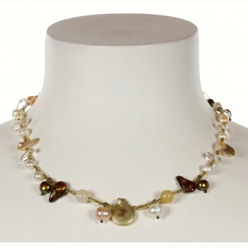 Zoetwater parelketting met citrien, bergkristal en magneetslotje op buste| Fini