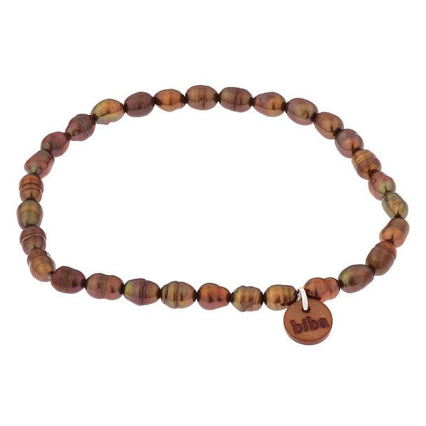 Bruin zoetwater parel armband, elastisch | Biba Brown Rice Pearl